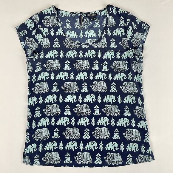 Lucky Brand Chiffon Short Sleeve Blouse Women's Small Blue Elephant Pattern Boho - Picture 12 of 13